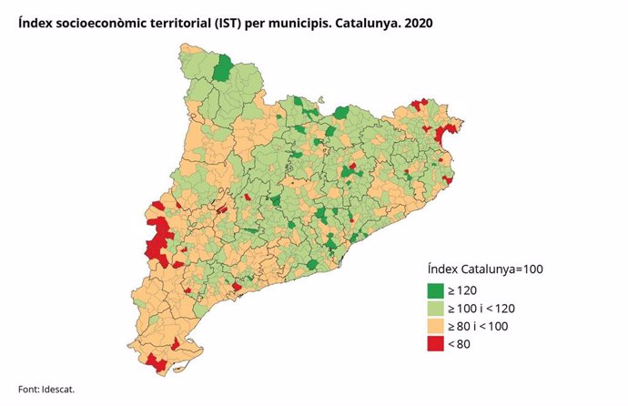 Mapa del Índice socioeconómico territorial (IST) por municipios de Catalunya (2020)