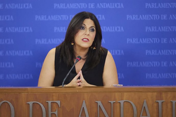 La portavoz del Grupo Parlamentario Socialista, Ángeles Férriz, durante la ronda de ruedas de prensa de portavoces de los grupos parlamentarios en el Parlamento de Andalucía, a 19 de julio de 2023 en Sevilla (Andalucía, España). Los portavoces de los gr