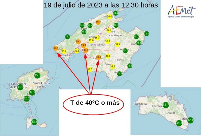 Mapa de temperaturas en Baleares, a 19 de julio de 2023.
