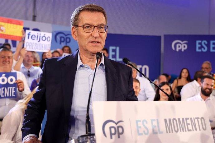 El líder del Partido Popular, Alberto Núñez Feijóo durante un acto de campaña del PP.