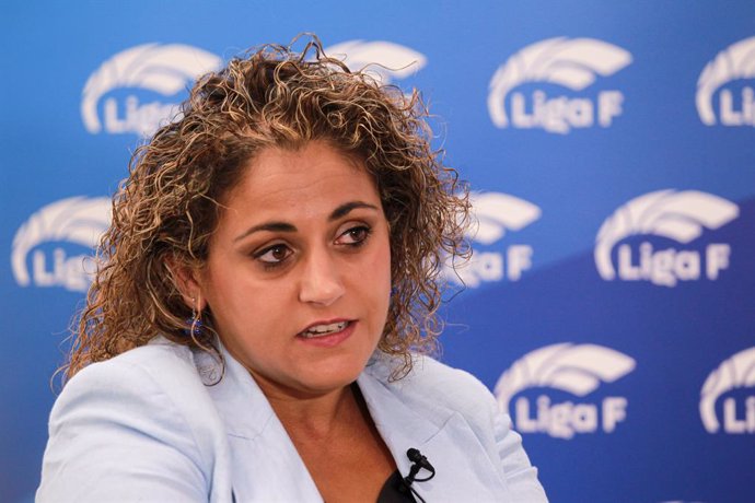 Beatriz Alvarez, President of the Women's Soccer League (Liga F) attends during an interview for Europa Press at Headquarters of the Liga F on July 19, 2023, in Madrid, Spain.