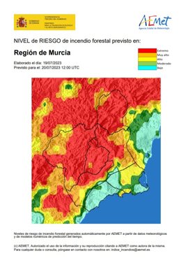 El nivel de riesgo de incendio forestal previsto para este jueves es extremo o muy alto en toda la Región
