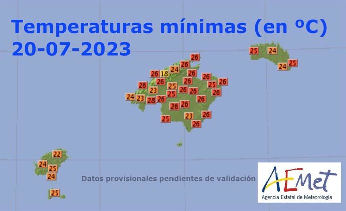 Mapa de temperaturas de la Aemet en Baleares, a 20 de julio de 2023.