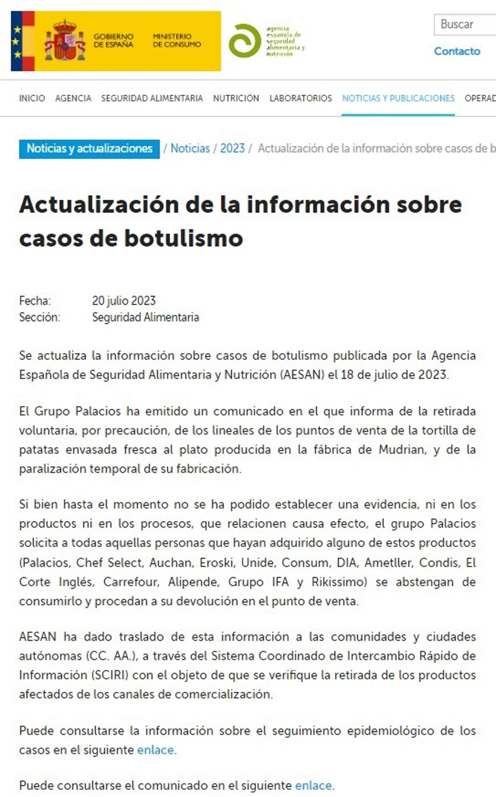 Documento con la actualización de la información sobre los casos de botulismo