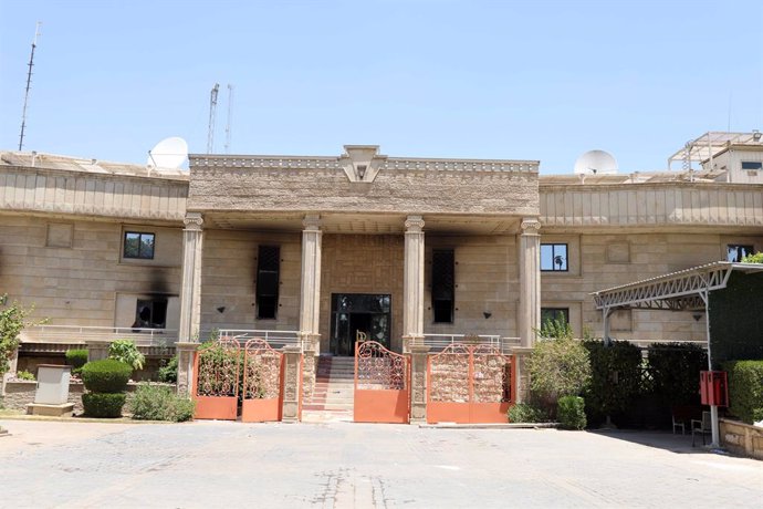 BAGHDAD, July 20, 2023  -- This photo taken on July 20, 2023 shows the damaged Swedish embassy in Baghdad, Iraq. Hundreds of Iraqis stormed the Swedish embassy in Baghdad at dawn Thursday and set fire to the building after a planned burning of the Quran i