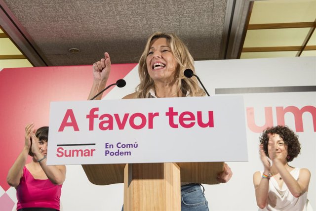 La vicepresidenta segona i líder de Sumar, Yolanda Díaz, intervé durant un míting de Sumar-En Comú Podem, a 20 de juliol de 2023, a Girona, Catalunya (Espanya). 