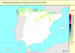 Precipitaciones acumuladas en toda España desde el pasado 1 de octubre cuando comenzó el año hidrológico, hasta el 18 de julio de 2023