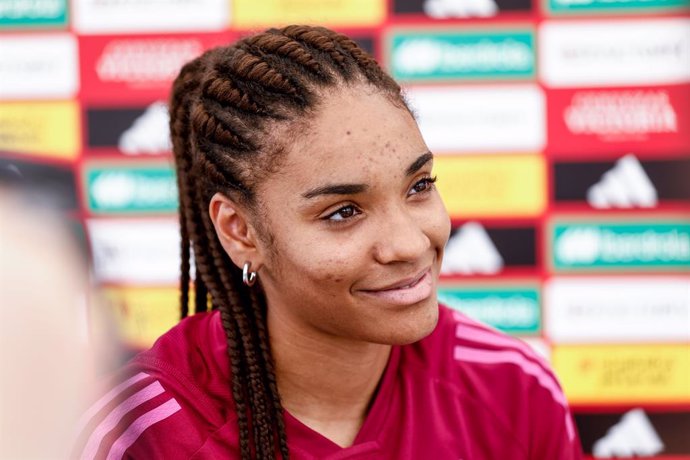Salma Paralluelo attends an interview after the Spain Women Team training day at Ciudad del Futbol on June 27, 2023, in Las Rozas, Madrid, Spain.