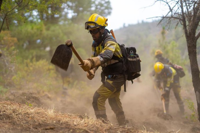 Agentes de los Equipos de Intervención y Refuerzo en Incendios Forestales (EIRIF) del Gobierno de Canarias intervienen en el incendio de La Palma, a 17 de julio de 2023, en La Palma, Canarias (España). Los Equipos de Intervención y Refuerzo en Incendios