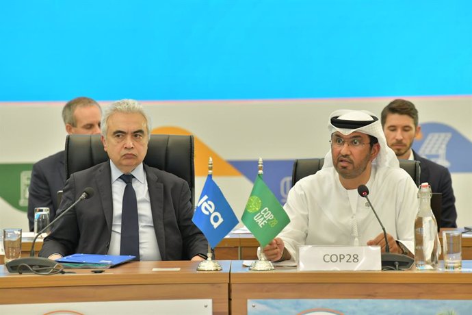 COP28 President-Designate Dr. Sultan Al Jaber and Dr. Fatih Birol, Executive Director of the IEA during the high-level dialogues on the sidelines of the 14th Clean Energy Ministerial, alongside the G20 Energy Transitions Ministerial Meeting in Goa, Indi