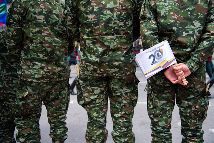 July 20, 2023, Bogota, Cundinamarca, Colombia: Members of Colombia's army hold flags in support of the independence day during the military parade for the 213 years of Colombia's independence, in Bogota, July 20, 2023.