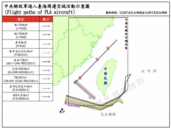 Mapa de las incursiones de cazas chinos en el espacio aéreo de Taiwán