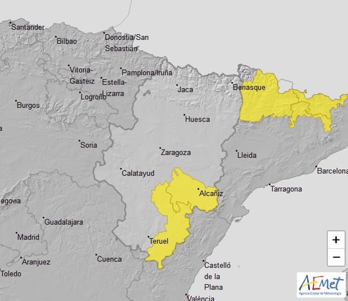 Aviso nivel amarillo por riesgo de tormentas en Bajo Aragón, Maestrazgo y Gúdar.