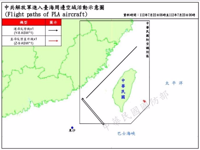 Mapa de las incursiones de cazas chinos en el espacio aéreo de Taiwán