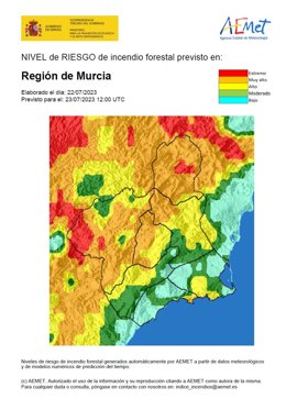 Mapa que muestra el nivel de riesgo de incendio forestal en la Región