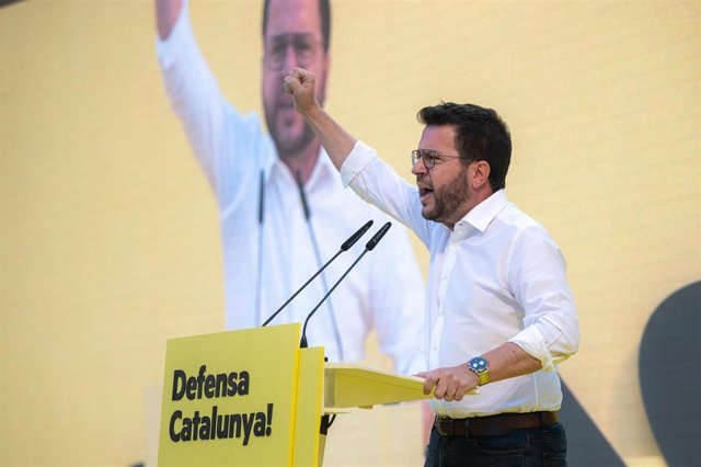 presidente de la Generalitat y coordinador nacional de ERC Pere Aragonès, durante un mitin para las elecciones del 23J en Barcelona