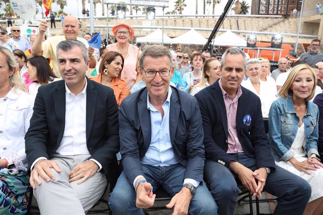 File - (ID) The PP candidate for the Presidency of the Government of the Canary Islands, Manuel Domínguez;  the president of the Popular Party, Alberto Nuñez Feijóo and the PP candidate for the Cabildo de Gran Canaria, Miguel Jorge Blanco, during a rally