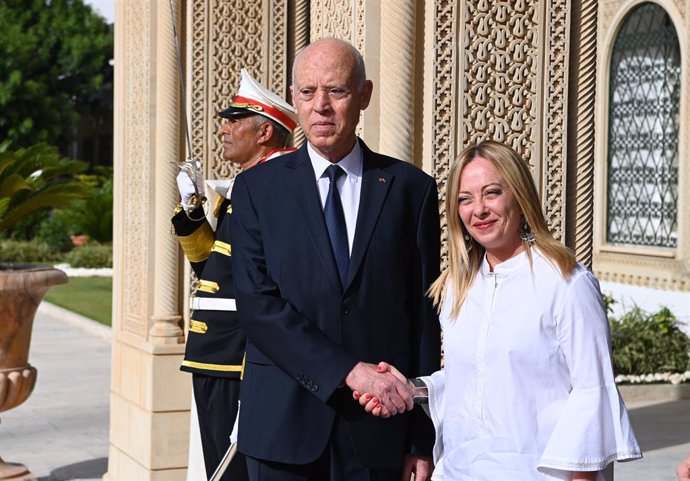 July 16, 2023, Tunis, Tunis, Tunisia: Tunisian President Kais Saied meets with, Prime Minister of Italy Giorgia Meloni , President of European Commission Ursula von der Leyen, Prime Minister of the Netherlands Mark Rutte at the Presidential Palace in Tuni
