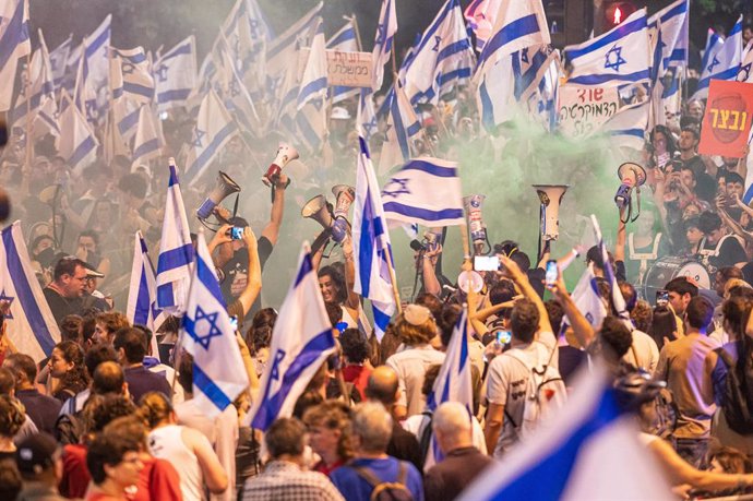 July 22, 2023, Jerusalem, Israel, Israel: Tens of Thousands of Israelis protest outside the Knesset in Jerusalem against the Judiciary overhaul as a critical final vote is scheduled to take place at the Knesset early next week. Protesters marched 40 mil