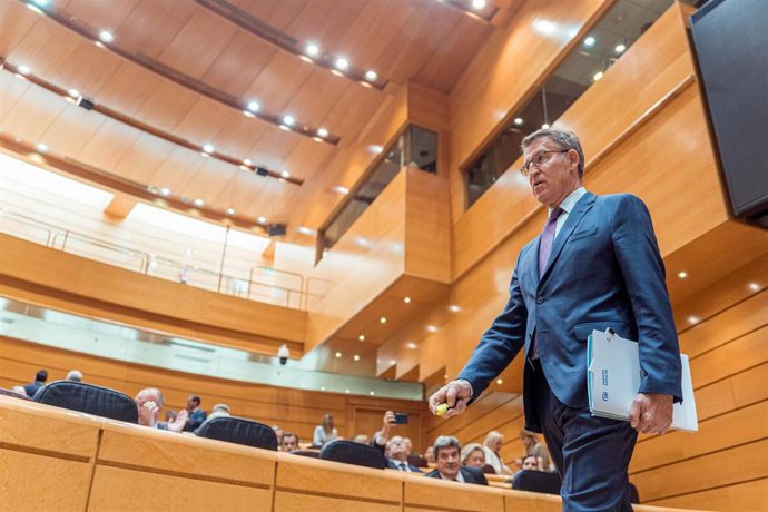 Archivo - El presidente del Partido Popular, Alberto Núñez Feijóo, a su llegada a una sesión plenaria en el Senado, a 16 de mayo de 2023, en Madrid (España). El jefe del Ejecutivo y el líder de PP protagonizan un nuevo debate parlamentario a escasos doc