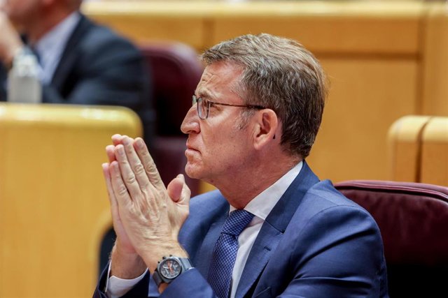 Archivo - El presidente del Partido Popular, Alberto Núñez Feijóo, durante una sesión de control al Gobierno en el Senado, a 9 de mayo de 2023, en Madrid (España). Durante esta sesión, Agrupación Socialista Gomera ha realizado una pregunta sobre los plane