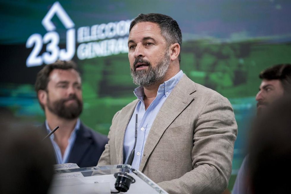 El candidato de Vox a la Presidencia del Gobierno de España, Santiago Abascal, durante el seguimiento de la jornada electoral de los comicios generales en la sede de Vox, a 23 de julio de 2023, en Madrid (España). Todos los españoles han sido llamados h
