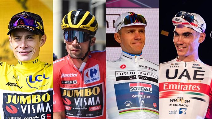 El danés Jonas Vingegaard (Jumbo Visma), el esloveno Primoz Roglic (Jumbo Visma), el belga Remco Evenepoel (Soudal Quick Step) y el español Juan Ayuso (UAE Team Emirates), protagonistas de la Vuelta a España 2023.