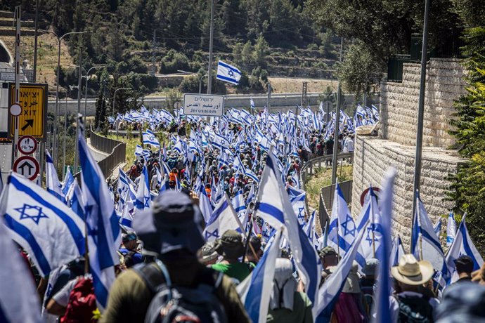 July 22, 2023, Jerusalem, Israel: Protesters arrive to Jerusalem during a march from Tel Aviv to Jerusalem. Protesters joined a mass march to the Knesset in Jerusalem as part of a last-ditch effort as the coalition readies to pass into law a bill that w