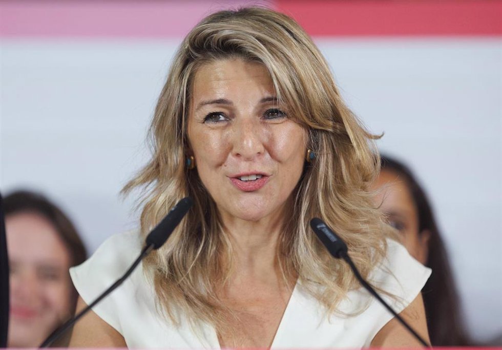La líder de Sumar, Yolanda Díaz, comparece tras conocer los resultados de la jornada electoral de los comicios generales, en Espacio Larra, a 23 de julio de 2023, en Madrid (España). 