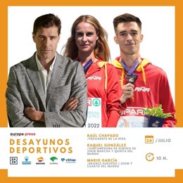 El presidente de la RFEA, Raúl Chapado, y los atletas españoles Raquel González y Mario García analizan este miércoles las opciones del atletismo nacional en el próximo Mundial de Budapest en Desayunos Deportivos de EP.