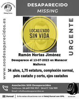 Cartel con el aviso 'Localizado sin vida' de un hombre desaparecido.