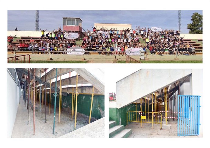 Las gradas de Baza (Granada) apuntaladas y, en la imagen de arriba, siendo usadas por escolares.