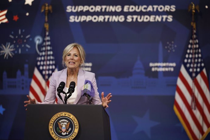 July 4, 2023, Washington, District of Columbia, USA: First lady Dr. Jill Biden speaks during a National Education Association event in the South Court Auditorium in the Eisenhower Executive Office Building on the White House Campus in Washington, DC, US