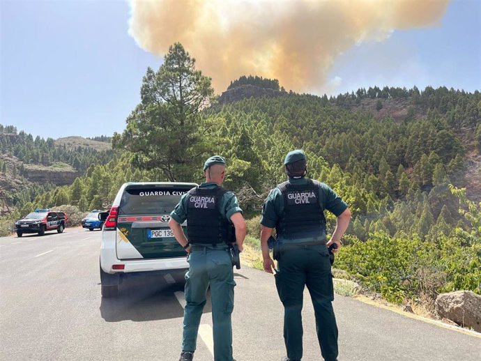 Agentes de la Guardia Civil en la zona afectada por el incendio de Tejeda,  en Gran Canaria