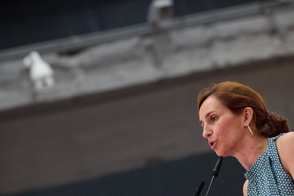 La portavoz de Más Madrid, Mónica García, interviene en un acto de campaña de Sumar.