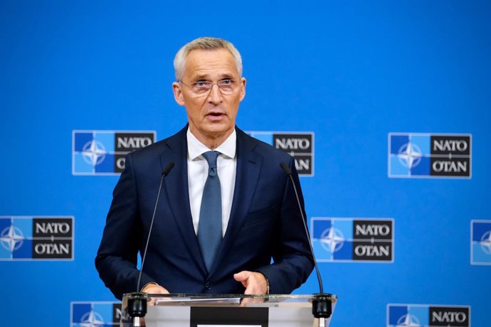 HANDOUT - 07 July 2023, Belgium, Brussels: NATO Secretary general Jens Stoltenberg gives a press conference at the NATO headquarters in Brussels. Photo: -/NATO/dpa - ATTENTION: editorial use only and only if the credit mentioned above is referenced in f