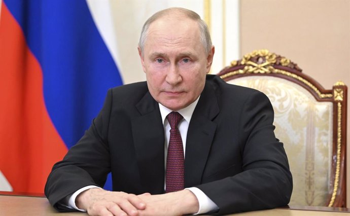 July 25, 2023, Moscow, Moscow Oblast, Russia: Russian President Vladimir Putin delivers a recorded message congratulating officers of investigation agencies on their professional holiday from the Kremlin, July 25, 2023 in Moscow, Russia.