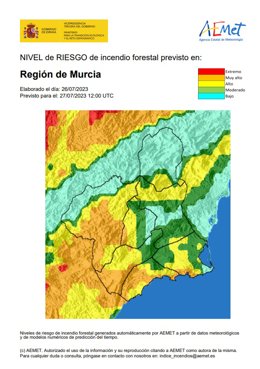 Mapa que muestra el nivel de riesgo de incendio forestal en la Región