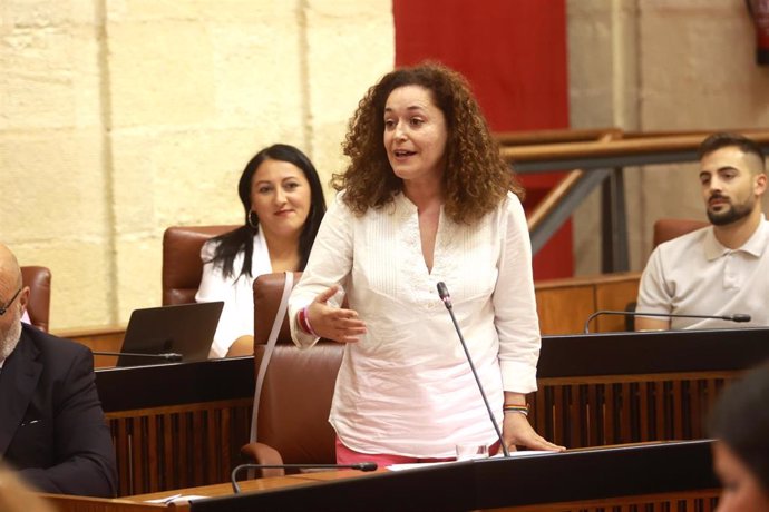 La portavoz del Grupo Por Andalucía, Inmaculada Nieto, durante su intervención en la sesión de control al Gobierno en la segunda jornada del Pleno del Parlamento andaluz. A 27 de julio de 2023, en Sevilla (Andalucía, España). Sesión de Control al Gobier