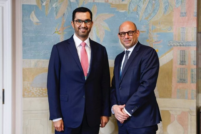 COP28 President Designate Dr Sultan Ahmed Al Jaber and Simon Stiell, Executive Secretary United Nations Framework Convention on Climate Change (UNFCCC) on the sidelines of the G20 ministerial meeting in Chennai