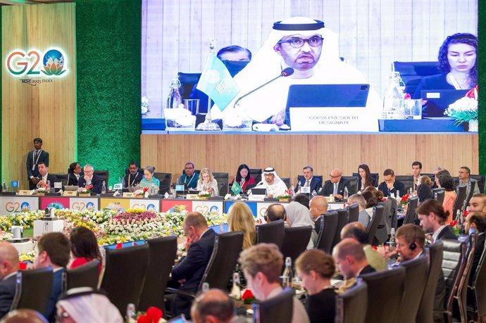 COP28 President-Designate Dr. Sultan Al Jaber speaking at G20 ministerial meeting in Chennai.