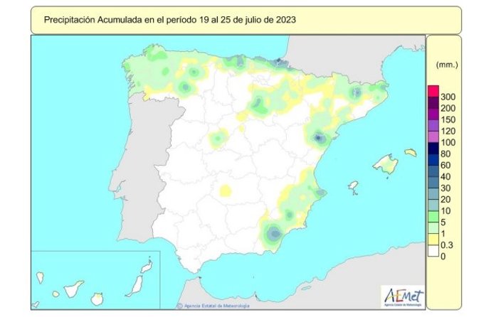 Precipitaciones acumuladas en toda España desde el pasado 1 de octubre cuando comenzó el año hidrológico, hasta el 25 de julio de 2023