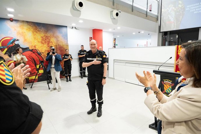 El jefe de la Unidad Militar de Emergencias, Luis Martínez Meijide, durante el acto de su despedida de la Unidad Militar de Emergencias, en la Base Aérea de Torrejón de Ardoz, a 28 de julio de 2023, en Torrejón de Ardoz, Madrid (España).