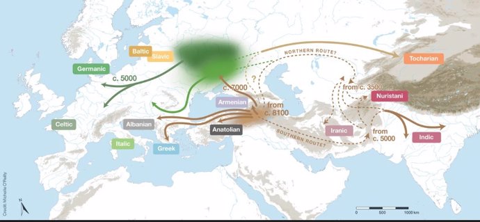 La familia lingüística empezó a divergir hace unos 8.100 años, a partir de una patria situada inmediatamente al sur del Cáucaso.