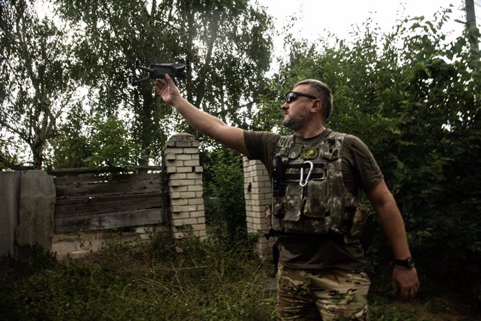 July 27, 2023: Members of a military brigade of military drones carry out their maneuvers and missions during a morning in the Kherson area, a few kilometers from the Russian front. Their activities consist of creating surveillance and attack drones, oc