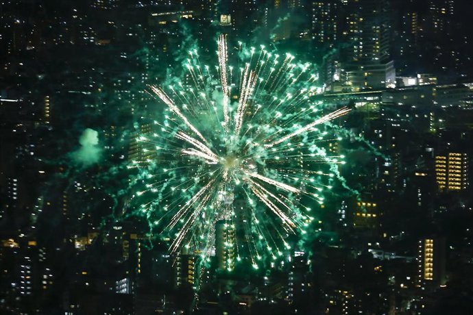 July 29, 2023, Tokyo, Japan: A view from Tokyo SKYTREE's observation of the fireworks lighting up the sky over the Sumida River in Tokyo. The Sumidagawa Fireworks Festival came back after four years, displaying 90 minutes of fireworks. About 900 people 