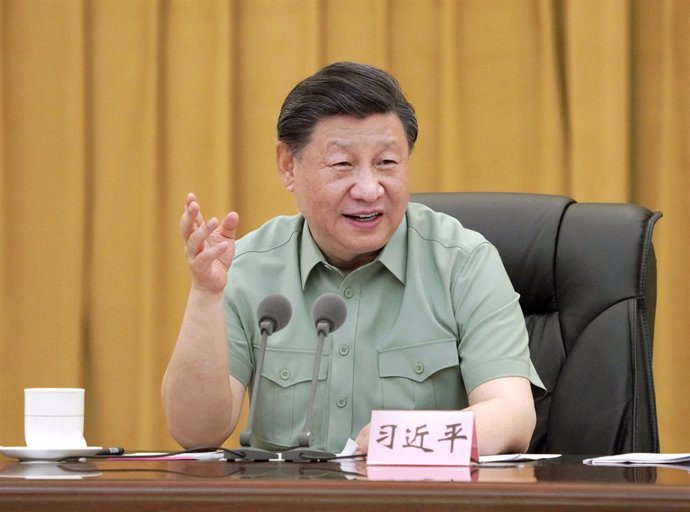 CHENGDU, July 30, 2023  -- Chinese President Xi Jinping, also general secretary of the Communist Party of China (CPC) Central Committee and chairman of the Central Military Commission (CMC), delivers an important speech during his inspection of the air 