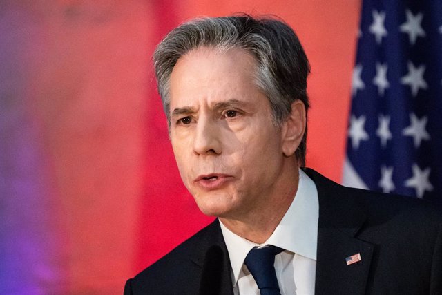 Archivo - FILED - 20 January 2022, Berlin: US Secretary of State Antony Blinken speaks at a joint event hosted by the German Marshall Fund, the American Council on Germany, Atlantik-Bruecke, and the Aspen Institute, at the Berlin-Brandenburg Academy of Sc