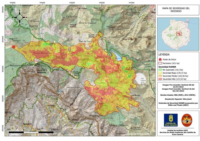 Mapa con las zonas graves de la superficie quemada en el incidendio de Tejeda, en Gran Canaria