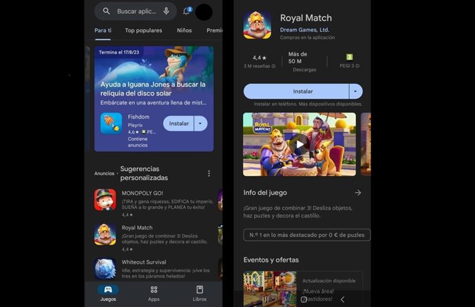 Interfaz de Google Play, con la barra de opciones estática en la parte inferior